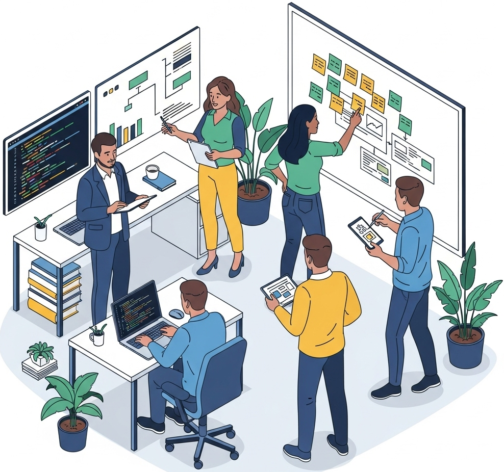 Team brainstorming and building a startup product in a collaborative setting